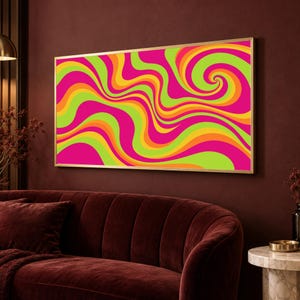 Psychedelic Swirl Wall Art, Retro 70s Abstract Print, Groovy Wavy Lines Artwork, Magenta Green Living Room Decor