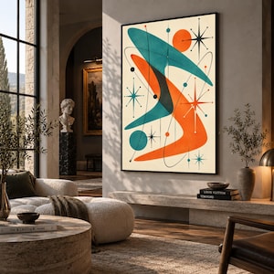 May include: A framed wall art print featuring a cream background with abstract teal and orange boomerang shapes, thin black lines, and various starburst icons. The composition includes small solid circles in teal and orange scattered throughout.