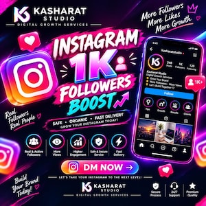 Puede incluir: Un gráfico de marketing digital para servicios de crecimiento en Instagram con el texto Instagram 1K Followers Boost, un teléfono inteligente mostrando un perfil, iluminación de neón rosa y azul, iconos y botones de llamada a la acción.