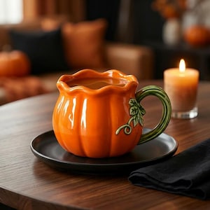 Pode incluir: Uma caneca de cerâmica laranja brilhante em forma de abóbora com borda recortada e uma alça verde com detalhes esculpidos de folha e videira. A caneca repousa sobre um pires preto liso, exibindo um acabamento brilhante e corpo arredondado.