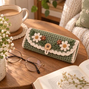 Peut inclure: Une pochette rectangulaire en crochet vert sauge avec une bordure festonnée crème et une fermeture à bouton en bois central. Le rabat est orné de fleurs de marguerites blanches brodées à cœur jaune et de petits accents floraux marron.