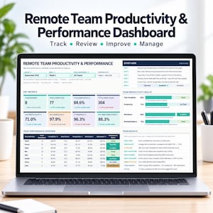 May include: A laptop screen displaying a Remote Team Productivity & Performance Dashboard with data tables, key metrics, and team insights. The interface includes sections for team performance, productivity health, and task tracking in a digital format.