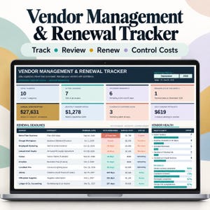 May include: A laptop screen displaying a Vendor Management & Renewal Tracker dashboard. The interface features data tables, metrics for vendor spend, renewal deadlines, and vendor health status, with text headers including Track, Review, Renew, and Control Costs.