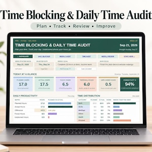 May include: A laptop screen displaying a Time Blocking & Daily Time Audit digital planner interface. The dashboard features sections for planned hours, actual hours, focus hours, personal hours, unplanned hours, and a productivity percentage of 94%.