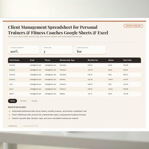 Pode incluir: Uma planilha digital de gestão de clientes para personal trainers e treinadores de fitness, compatível com Google Sheets e Excel. A interface exibe uma tabela com colunas para nome do cliente, e-mail, telefone, tipo de adesão, taxa, status e data.