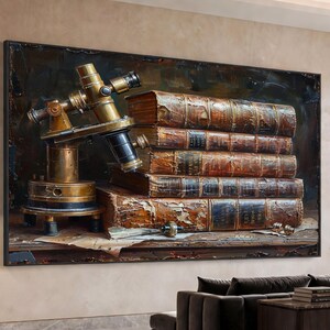 May include: A wall art print featuring a brass microscope positioned next to a stack of five weathered, leather-bound antique books. The scene is rendered in dark, rich tones with visible texture on the book spines and the metallic surface of the instrument.