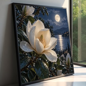 May include: A framed square wall art print featuring a large white magnolia flower with water droplets on its petals. The background depicts a night scene with a full moon reflecting over a calm lake, surrounded by dark trees and distant mountains.