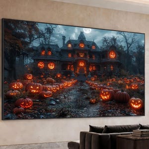 May include: A rectangular wall art print featuring a dark, multi-storey mansion at night with glowing orange jack-o'-lanterns in the windows. A path leads to the house, lined with numerous illuminated carved pumpkins amidst fallen autumn leaves.
