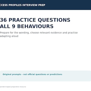 Puede incluir: Un documento digital blanco titulado SUCCESS PROFILES INTERVIEW PREP con el texto 36 PRACTICE QUESTIONS ALL 9 BEHAVIOURS, que incluye instrucciones para preparar la redacción, elegir pruebas relevantes y practicar la adaptación en voz alta.