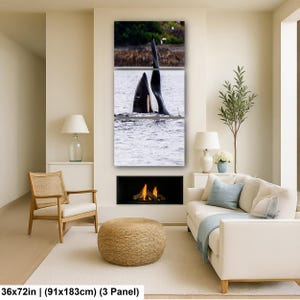 May include: A three-panel wall art set depicting an orca whale surfacing in water, with a black dorsal fin and white eye patch visible. The artwork measures 36 by 72 inches in total, featuring a high-contrast black and white marine scene.