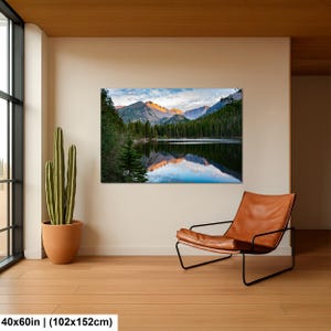 May include: A rectangular wall art print featuring a landscape of mountains, a forest, and a lake reflecting the scenery. The print measures 40x60 inches and is displayed on a wall next to a tall green cactus in a pot and a brown leather chair.