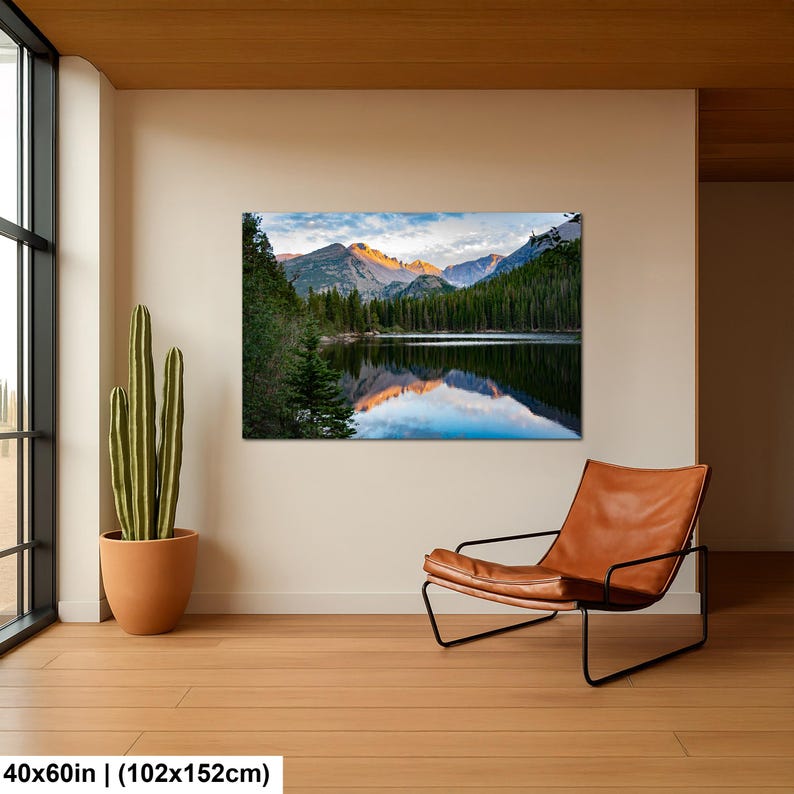May include: A rectangular wall art print featuring a landscape of mountains, a forest, and a lake reflecting the scenery. The print measures 40x60 inches and is displayed on a wall next to a tall green cactus in a pot and a brown leather chair.