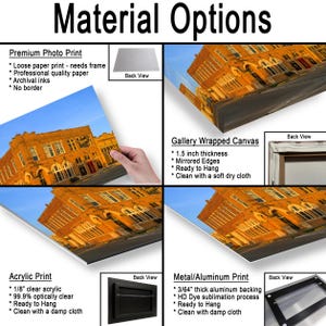 May include: A product display showing four material options for a building photograph: a premium photo print, a 1.5 inch thick gallery wrapped canvas, an acrylic print, and a 3/64 inch thick metal aluminum print, each with back view details.