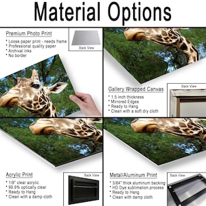 K&ouml;nnte beinhalten: Eine Produkt&uuml;bersicht mit Materialoptionen f&uuml;r ein Giraffenfoto. Die Optionen umfassen einen Premium-Fotodruck, eine 3,81 cm dicke Galerie-Leinwand, einen Acryldruck und einen Metalldruck mit einer 1,19 mm dicken R&uuml;ckseite.