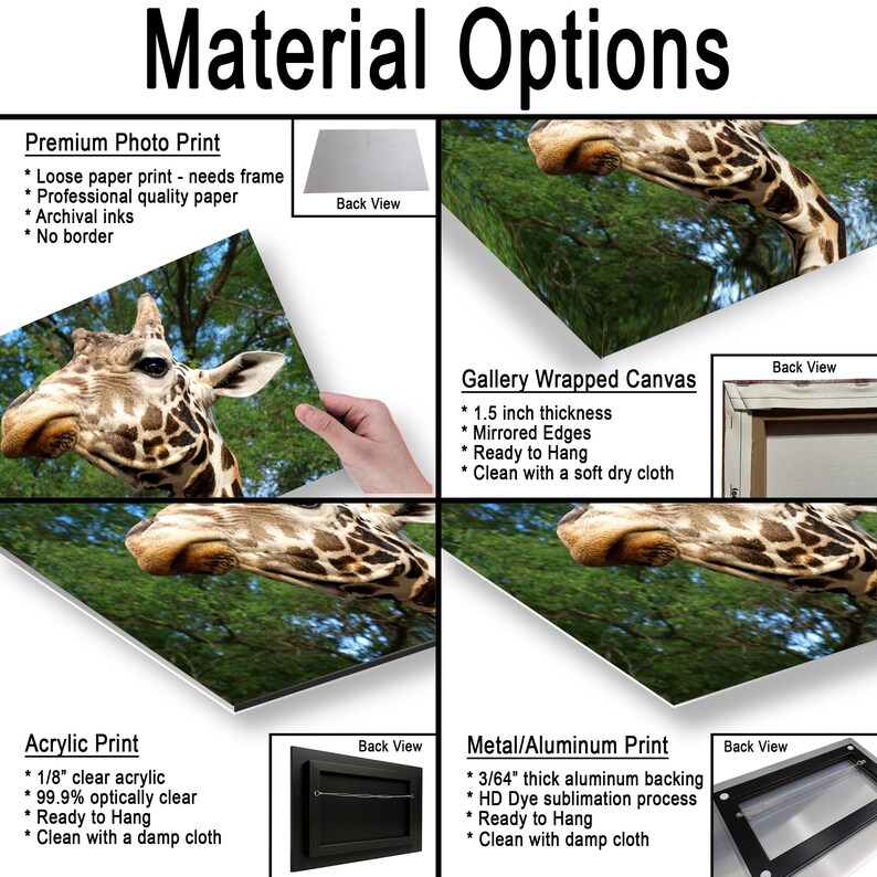 K&ouml;nnte beinhalten: Eine Produkt&uuml;bersicht mit Materialoptionen f&uuml;r ein Giraffenfoto. Die Optionen umfassen einen Premium-Fotodruck, eine 3,81 cm dicke Galerie-Leinwand, einen Acryldruck und einen Metalldruck mit einer 1,19 mm dicken R&uuml;ckseite.