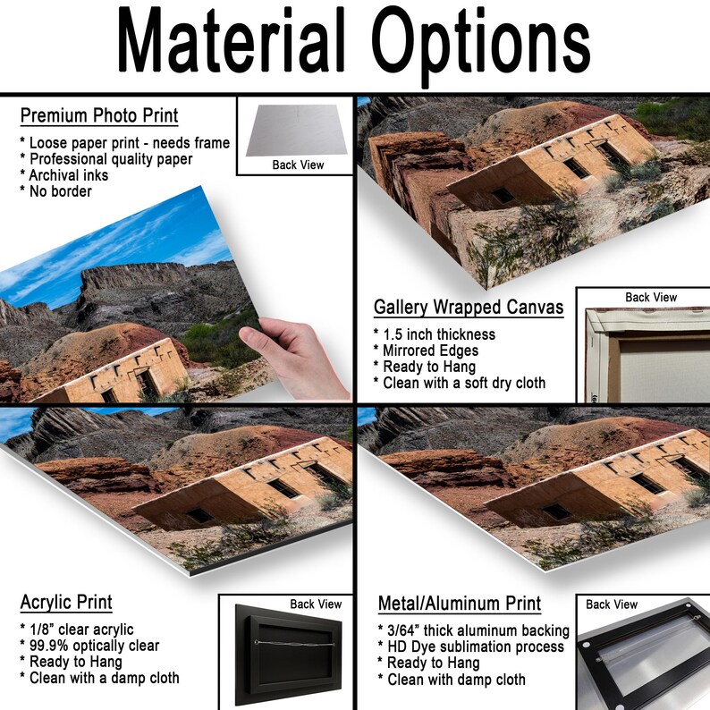May include: A product display titled Material Options showing four print formats: a premium photo print, a gallery wrapped canvas with 1.5 inch thickness, an acrylic print with 1/8 inch clear acrylic, and a metal aluminum print with 3/64 inch backing.