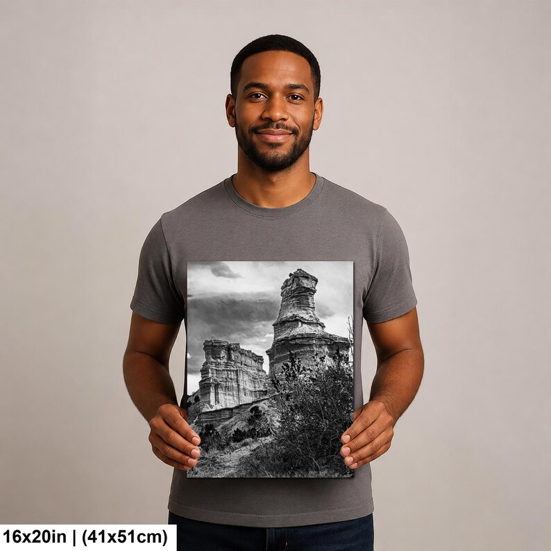 May include: A rectangular wall art print measuring 16 inches by 20 inches, featuring a black and white landscape photograph of tall, weathered rock formations under a cloudy sky, with sparse vegetation in the foreground and textured stone cliffs.