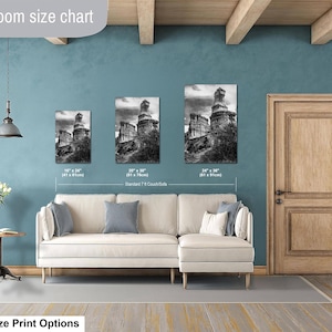 May include: A living room size chart displaying three black and white landscape prints above a cream-colored sectional sofa. The prints are labeled with dimensions 16" x 24", 20" x 30", and 24" x 36". The text "Livingroom size chart" and "Medium Size Print Options" appear.