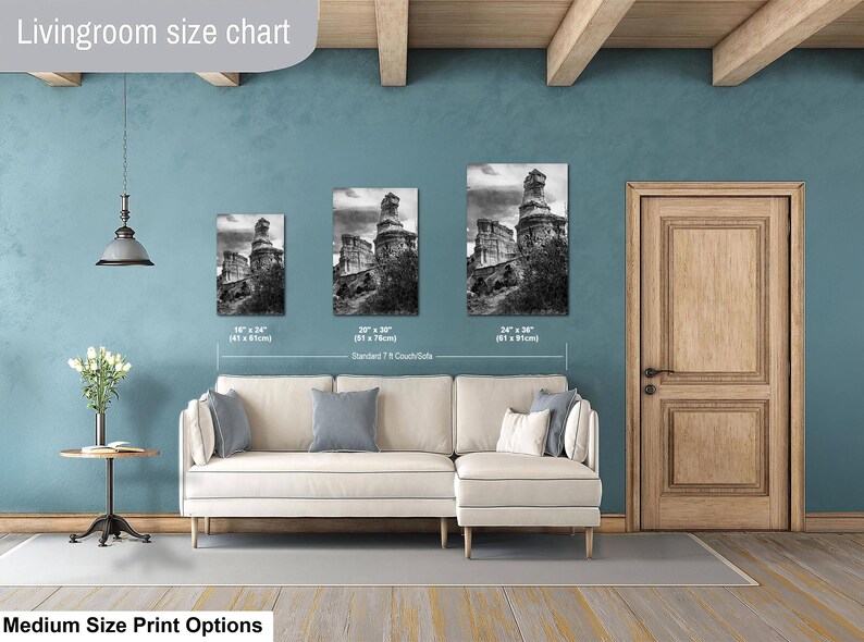 May include: A living room size chart displaying three black and white landscape prints above a cream-colored sectional sofa. The prints are labeled with dimensions 16" x 24", 20" x 30", and 24" x 36". The text "Livingroom size chart" and "Medium Size Print Options" appear.
