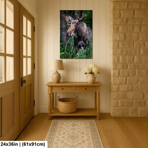 May include: A rectangular wall art print featuring a brown moose standing in a lush green forest, eating leaves. The print is displayed in a vertical orientation and measures 24 inches by 36 inches, as indicated by the text at the bottom.