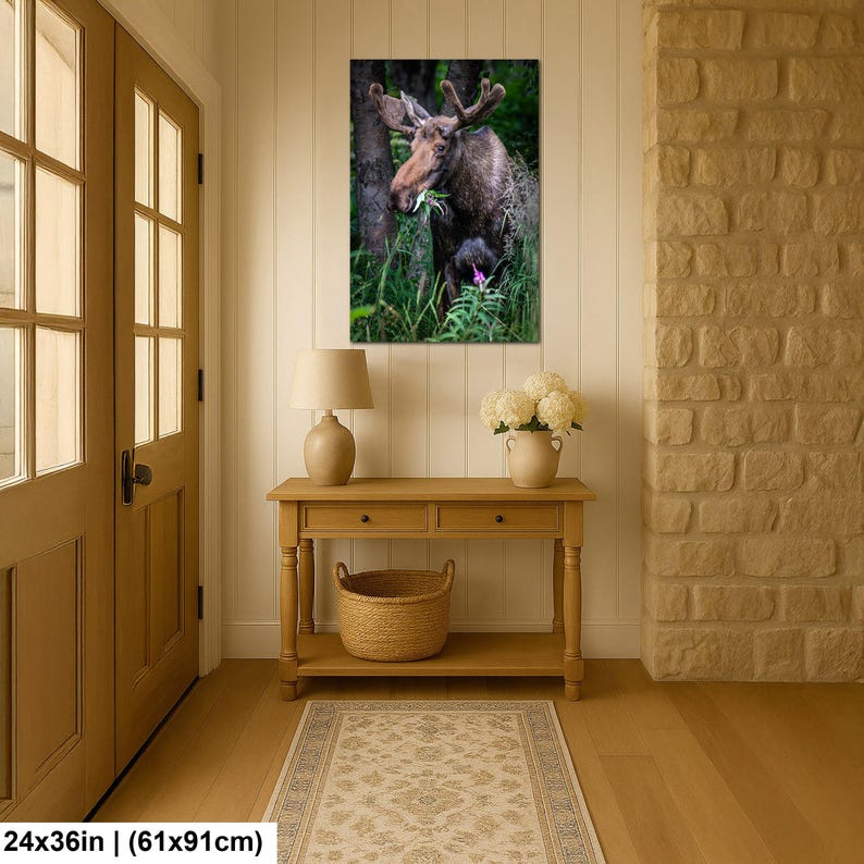 May include: A rectangular wall art print featuring a brown moose standing in a lush green forest, eating leaves. The print is displayed in a vertical orientation and measures 24 inches by 36 inches, as indicated by the text at the bottom.