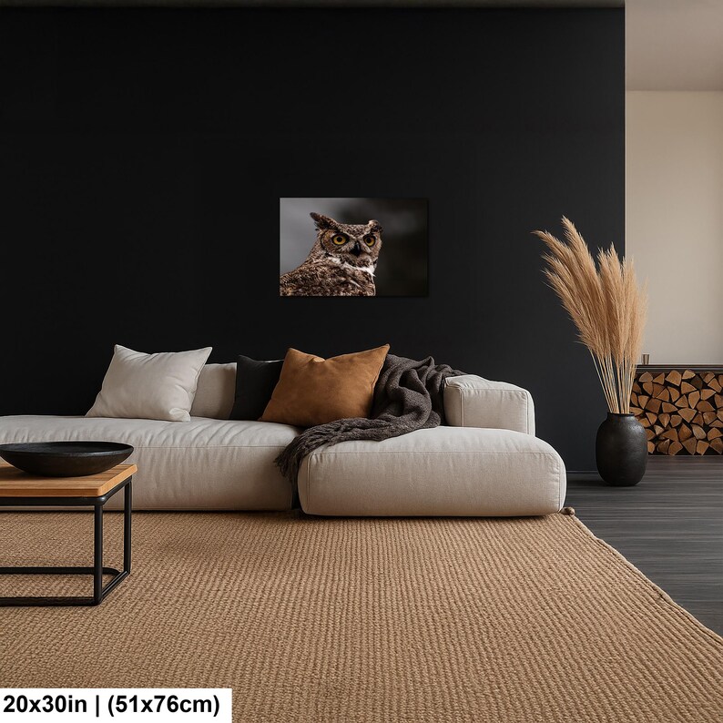 May include: A rectangular wall art print featuring a detailed photograph of a great horned owl with yellow eyes and brown, black, and white feathers. The print measures 20 by 30 inches and is displayed on a dark wall above a light-colored sofa.