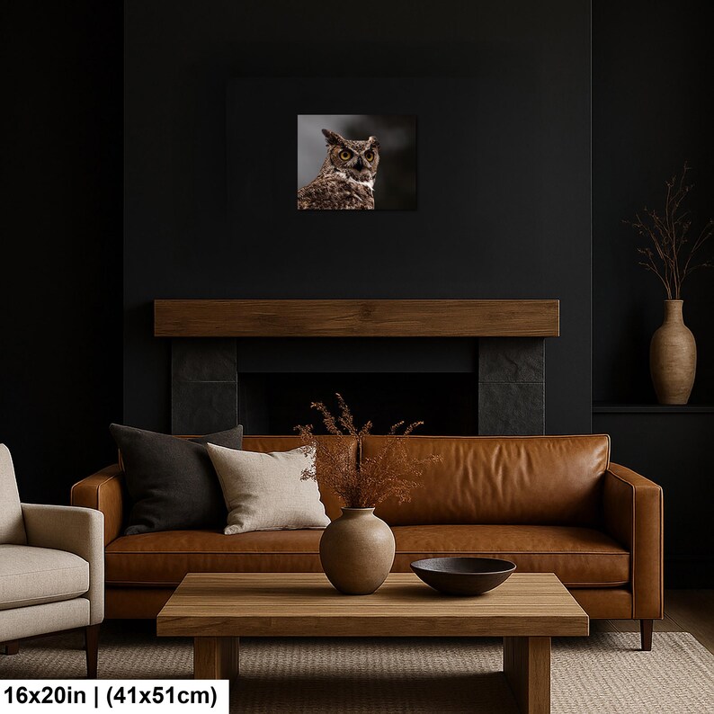 May include: A rectangular wall art print featuring a detailed portrait of a great horned owl with yellow eyes and brown mottled feathers. The artwork measures 16 inches by 20 inches and is displayed in a dark, modern living room setting.