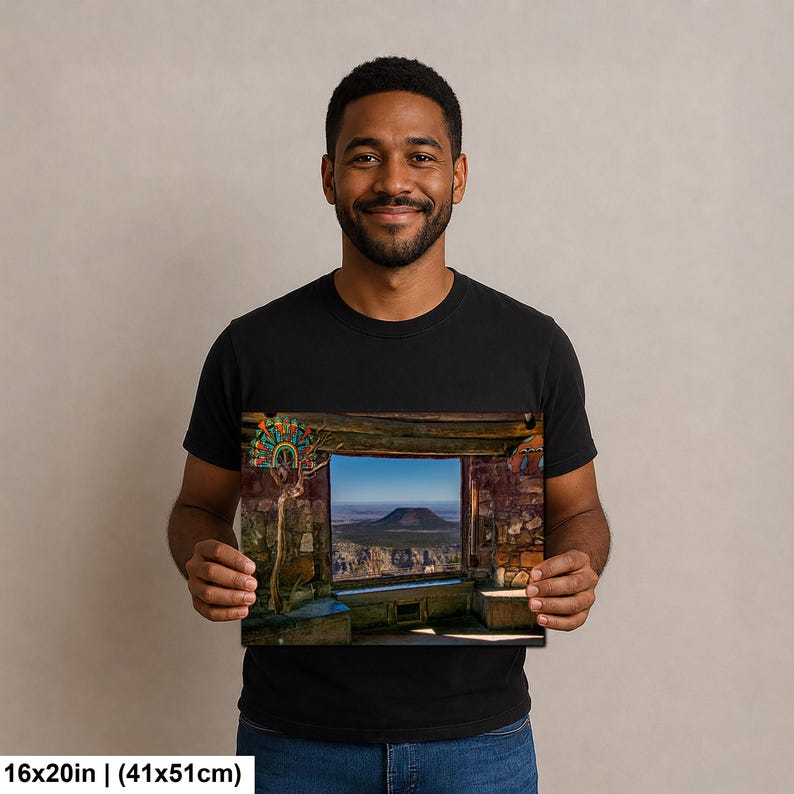 May include: A rectangular wall art print measuring 16 by 20 inches, featuring a landscape view of a distant mountain through a stone window frame. The scene includes a colorful, stylized tree sculpture on the left side of the window opening.