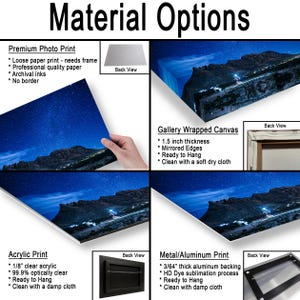 Puede incluir: Una presentaci&oacute;n de producto titulada Material Options que muestra cuatro tipos de impresi&oacute;n: impresi&oacute;n fotogr&aacute;fica premium, lienzo montado en bastidor de 3,81 cm de grosor, impresi&oacute;n acr&iacute;lica de 0,32 cm y metal/aluminio con soporte de 1,19 mm.