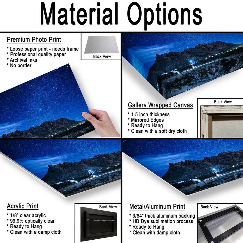 Puede incluir: Una presentaci&oacute;n de producto titulada Material Options que muestra cuatro tipos de impresi&oacute;n: impresi&oacute;n fotogr&aacute;fica premium, lienzo montado en bastidor de 3,81 cm de grosor, impresi&oacute;n acr&iacute;lica de 0,32 cm y metal/aluminio con soporte de 1,19 mm.