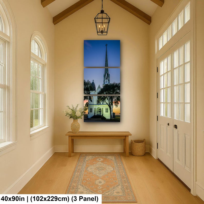 Konsttryck i Texas, väggkonst med kyrktorn, New Sweden Lutheran Church (konstfotografi) 40x90 inch (3 panel)