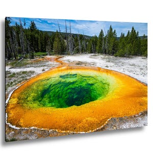 Könnte beinhalten: Ein rechteckiger Wandkunstdruck, der ein leuchtendes geothermisches Becken mit einem tief smaragdgrünen Zentrum zeigt, umgeben von hellen orangefarbenen und gelben Mineralablagerungen, vor einer Kulisse aus grünen Kiefern und blauem Himmel.