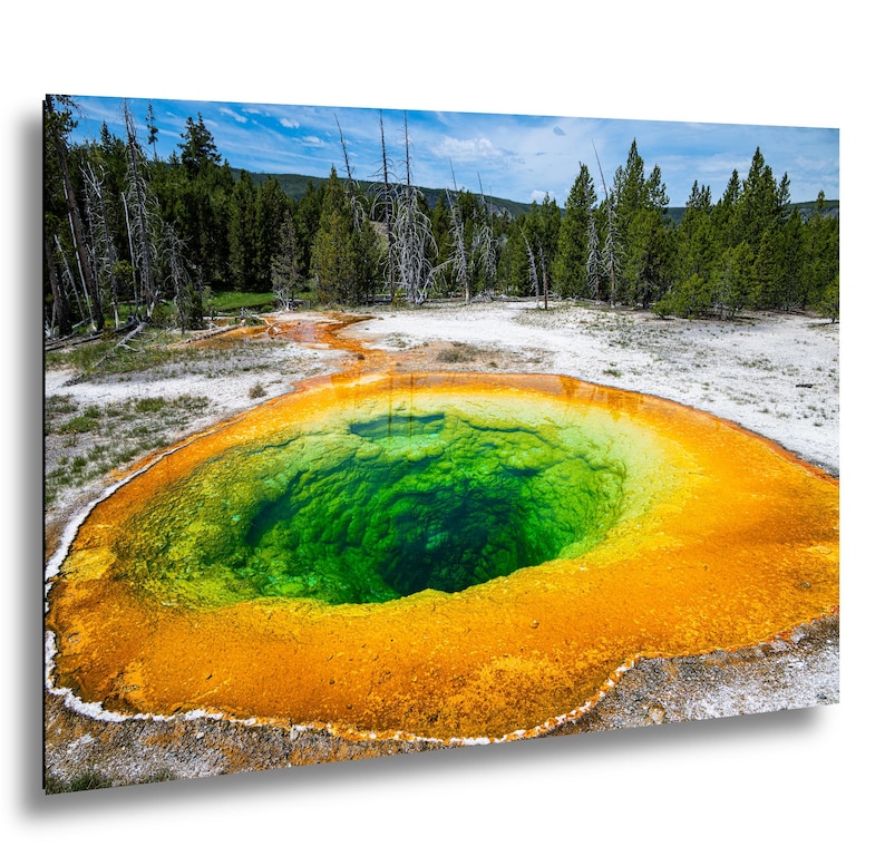 May include: A rectangular wall art print featuring a vibrant geothermal pool with a deep emerald green center surrounded by bright orange and yellow mineral deposits, set against a backdrop of green pine trees and a blue sky with white clouds.