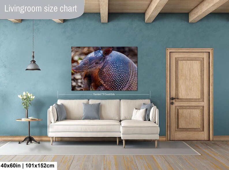 May include: A rectangular wall art print featuring a close-up of an armadillo with a textured, armored shell. The print is displayed above a cream-colored sectional sofa. The text "Livingroom size chart" and "40x60in | 101x152cm" are visible.