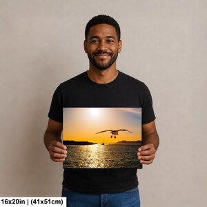 May include: A rectangular wall art print measuring 16 by 20 inches, featuring a photograph of a seagull in flight over a body of water during a golden sunset. The sun is low on the horizon, casting a bright reflection across the rippling water surface.