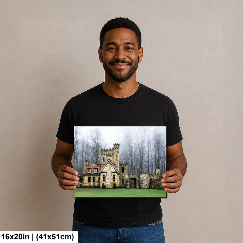 Op de afbeelding: Een rechthoekige wandkunstprint van 41 bij 51 cm, met een stenen kasteel met een zadeldak en een gekanteelde toren. Het bouwwerk staat tegen een achtergrond van hoge, bladloze bomen die gehuld zijn in een dikke, grijze ochtendmist.