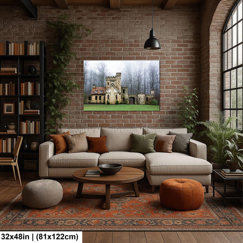 Op de afbeelding: Een rechthoekige wandkunstprint met een stenen kasteel met een gekanteelde toren tegen een achtergrond van mistige, bladloze bomen en een groen gazon. De print meet 81 bij 122 cm en hangt boven een beige hoekbank.