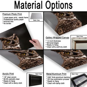 May include: A product display titled Material Options showing four print types featuring an owl photograph: Premium Photo Print, Gallery Wrapped Canvas with 1.5 inch thickness, Acrylic Print with 1/8 inch clear acrylic, and Metal/Aluminum Print with 3/64 inch backing.