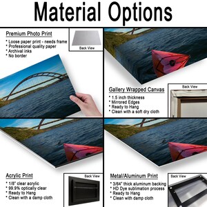 May include: A product display showing Material Options for a landscape photograph of a red kayak on water under a bridge. Options include a Premium Photo Print, a 1.5 inch thick Gallery Wrapped Canvas, an Acrylic Print, and a Metal/Aluminum Print.