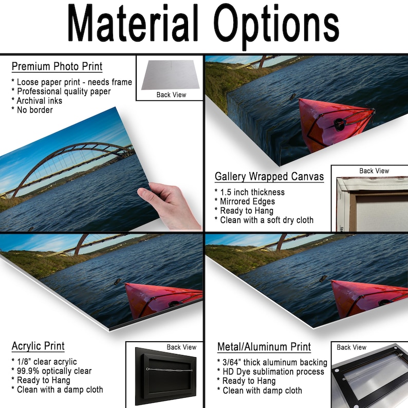 May include: A product display showing Material Options for a landscape photograph of a red kayak on water under a bridge. Options include a Premium Photo Print, a 1.5 inch thick Gallery Wrapped Canvas, an Acrylic Print, and a Metal/Aluminum Print.