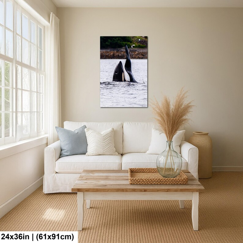 May include: A rectangular wall art print featuring a black and white orca whale breaching the surface of the water. The orca is shown with its dorsal fin and part of its body emerging from the sea, with a distant shoreline visible in the background.