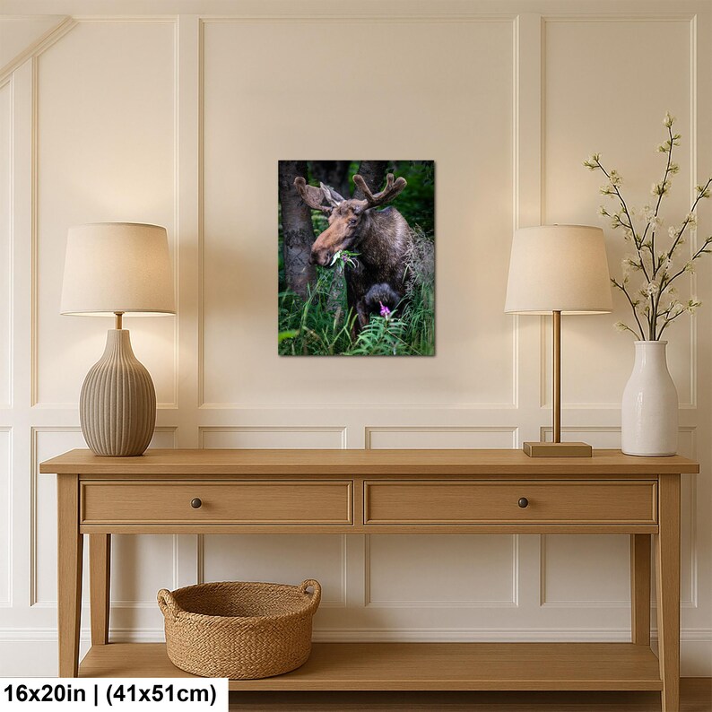 May include: A rectangular wall art print featuring a brown moose standing in a lush green forest, eating foliage. The print is displayed on a wall above a wooden console table with two lamps and a woven basket, measuring 16 inches by 20 inches.