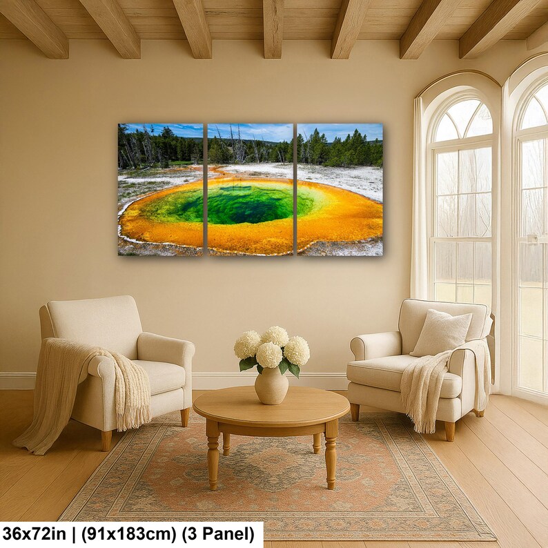 May include: A three-panel wall art set depicting a vibrant geothermal hot spring with a deep green center surrounded by bright orange and yellow mineral deposits, set against a backdrop of green pine trees and a blue sky, measuring 36x72 inches.