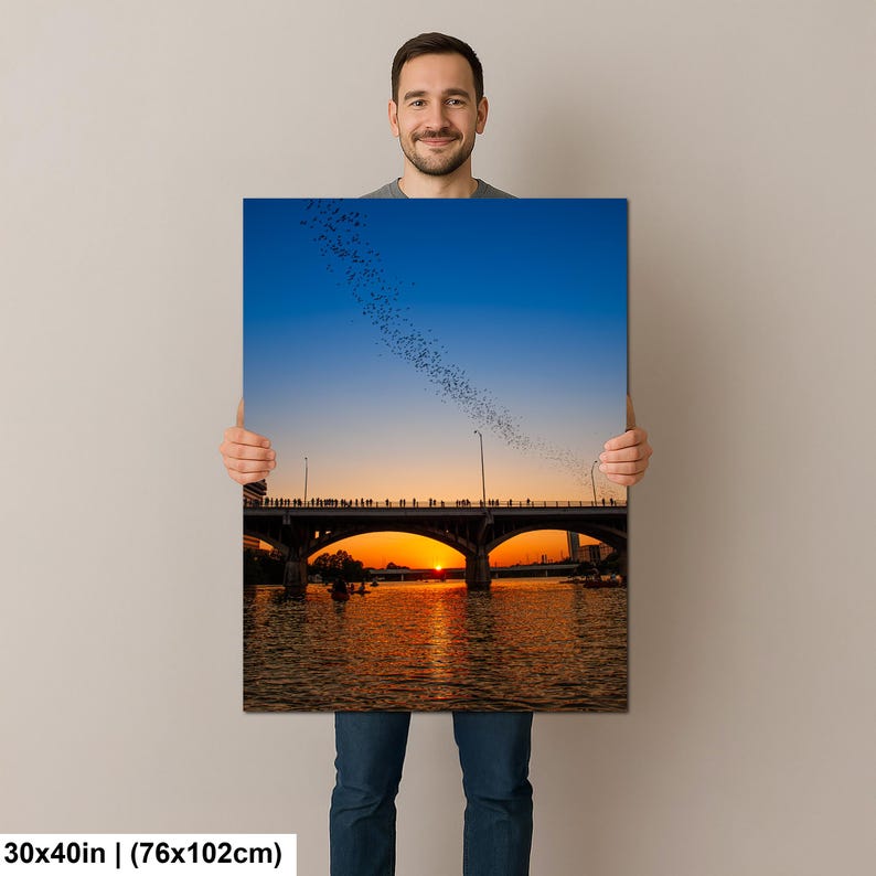 Texas Art Print, Austin Bats Wall Art, Congress Avenue Bridge at Sunset (Fine Art Photography) 30x40 inches