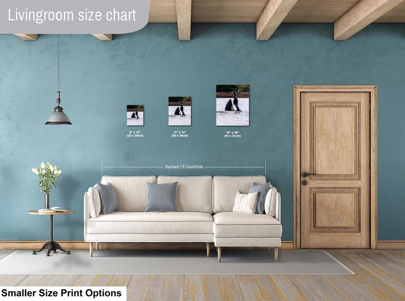 May include: A living room size chart displaying three rectangular wall art prints featuring orca whales above a cream-colored sectional sofa. The prints are labeled with dimensions 8 x 10 inches, 11 x 14 inches, and 16 x 20 inches respectively.