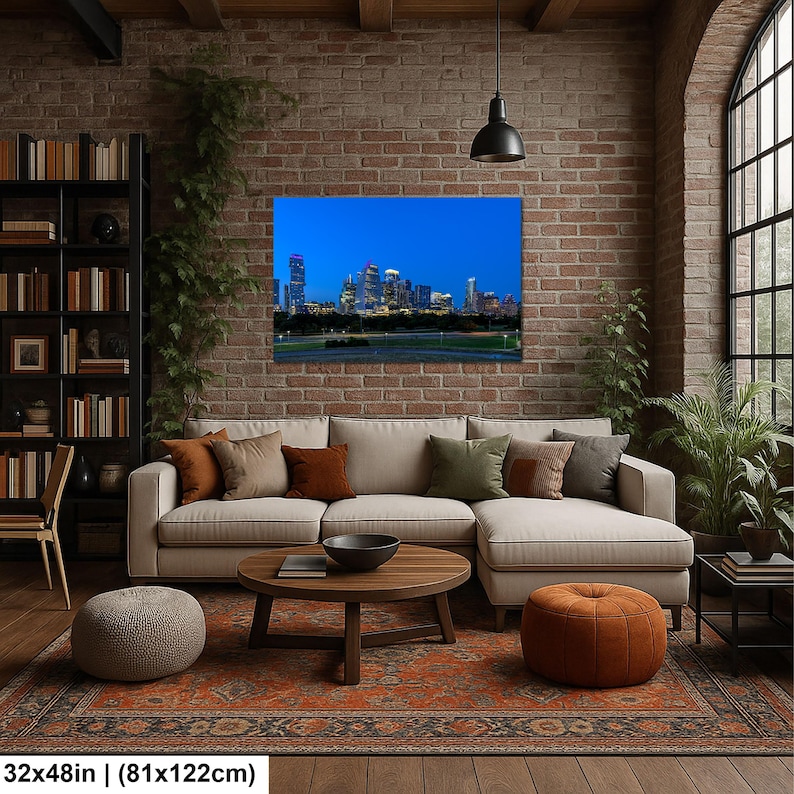 Texas konsttryck, väggkonst med Austins skyline, centrala Austin (konstfotografi) 32x48 inches
