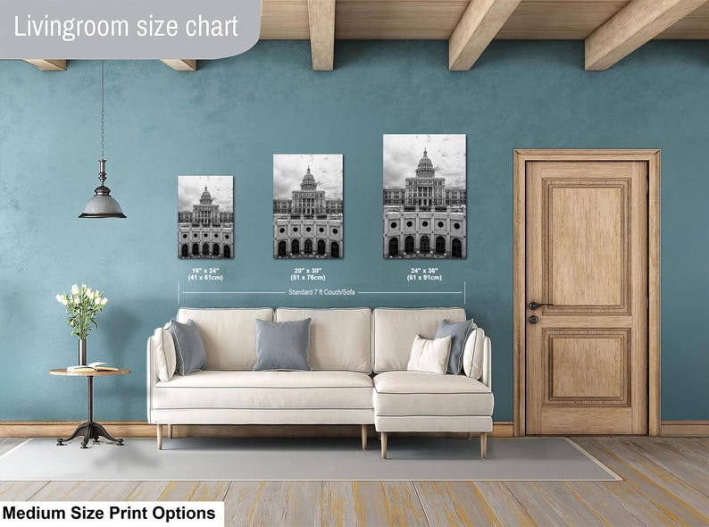 May include: A living room size chart displaying three black and white wall art prints of a domed building. The prints are labeled with dimensions of 16 by 24 inches, 20 by 30 inches, and 24 by 36 inches, positioned above a cream-colored sectional sofa.