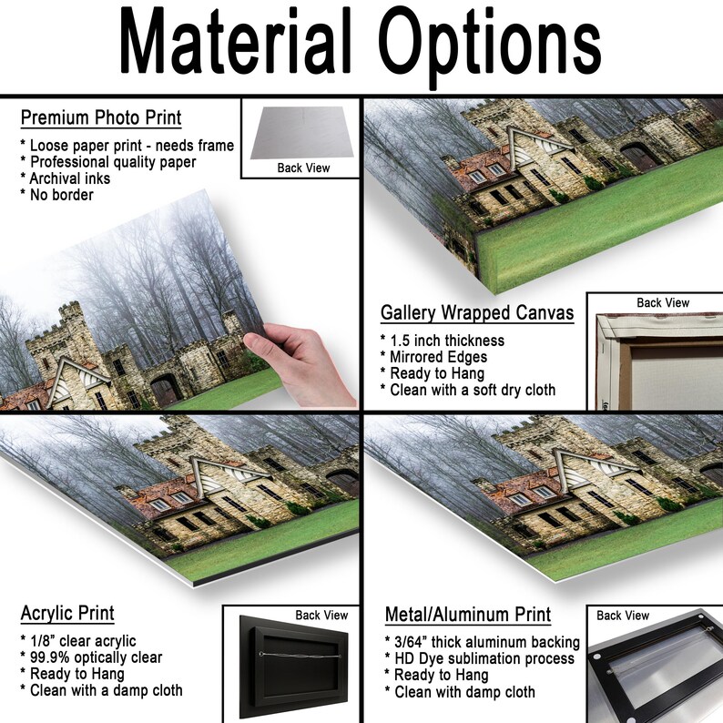 Op de afbeelding: Een productoverzicht getiteld Material Options toont vier printtypes: premium fotoprint, canvasdoek met een dikte van 3,81 cm, acrylaatprint met 0,32 cm helder acryl en een metalen aluminium print met een achterkant van 0,12 cm dik.