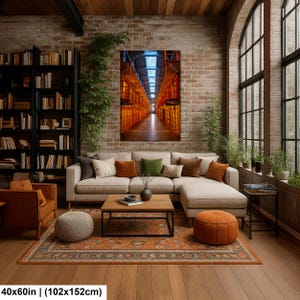 May include: A rectangular wall art print measuring 40x60 inches, depicting a long, symmetrical corridor with orange-lit metal structures and a central walkway. The artwork is displayed on a brick wall above a beige sectional sofa in a living room.