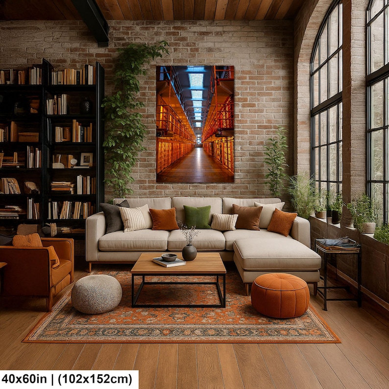 May include: A rectangular wall art print measuring 40x60 inches, depicting a long, symmetrical corridor with orange-lit metal structures and a central walkway. The artwork is displayed on a brick wall above a beige sectional sofa in a living room.